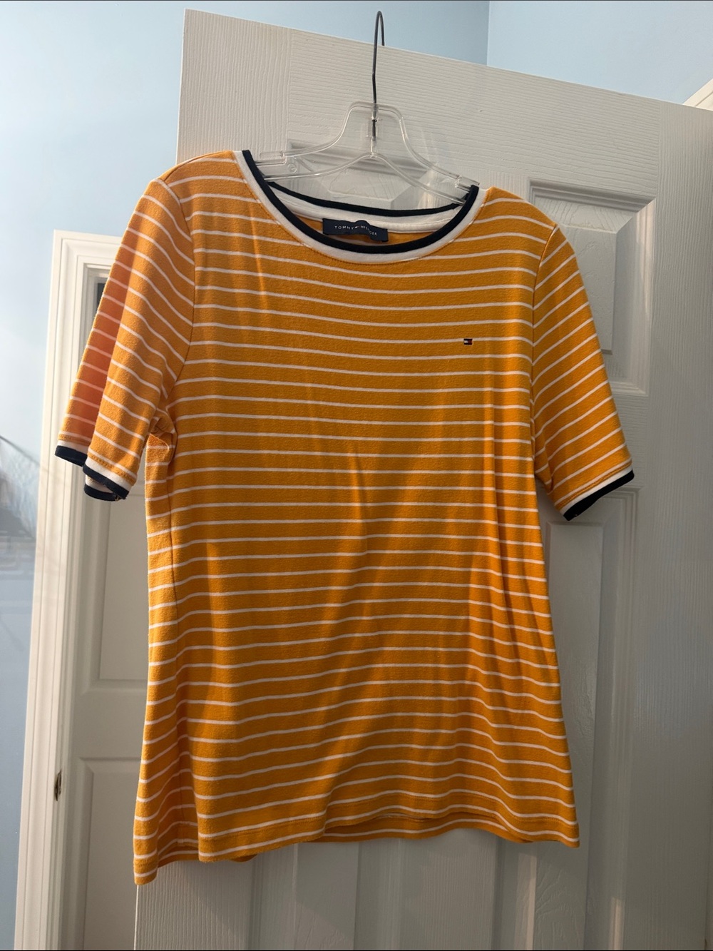 Tommy Hilfiger Yellow & White Striped Short Sleeve Tee with Navy Trim